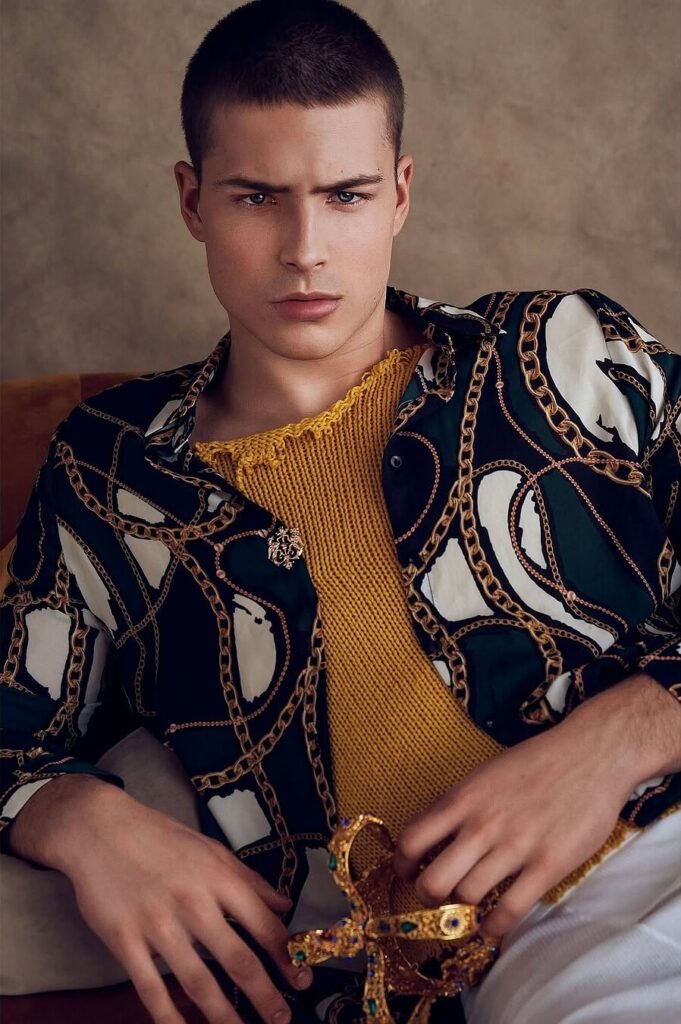 Male model portfolio image in a printed shirt by ShotsByDeen